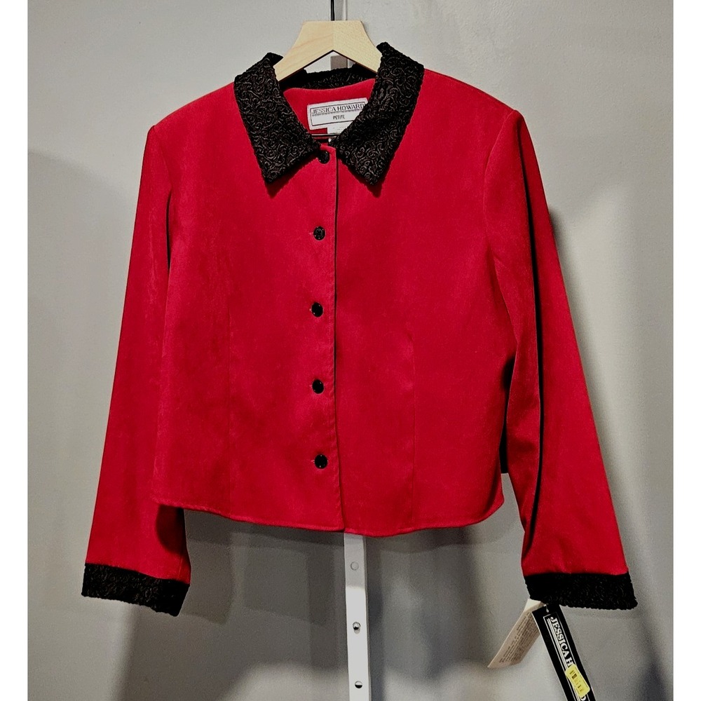 NWT Jessica Howard 14 Petite Suit Jacket Red w/Black Trim Split Back Detail